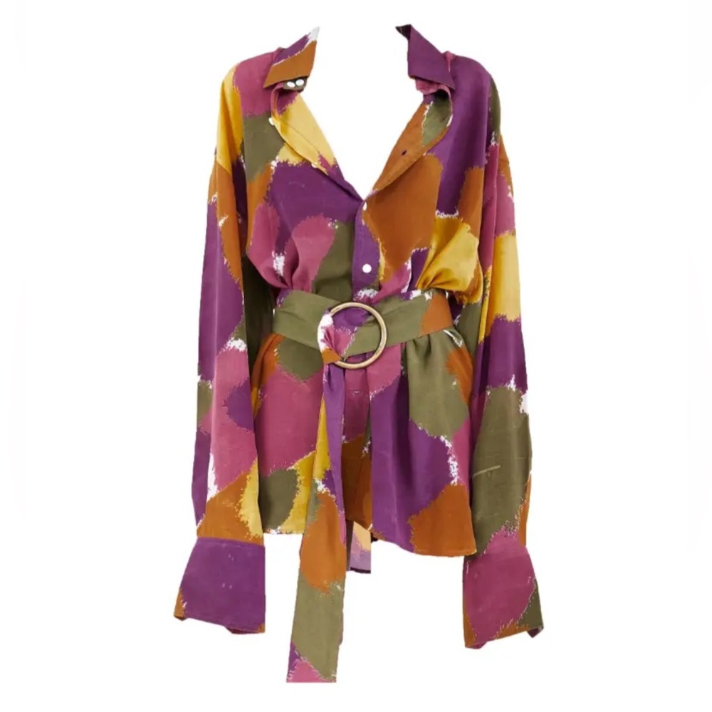 Bamba Titan Silk Oversized Shirt Mini Dress Multicolor M/L with Belt Retail $220